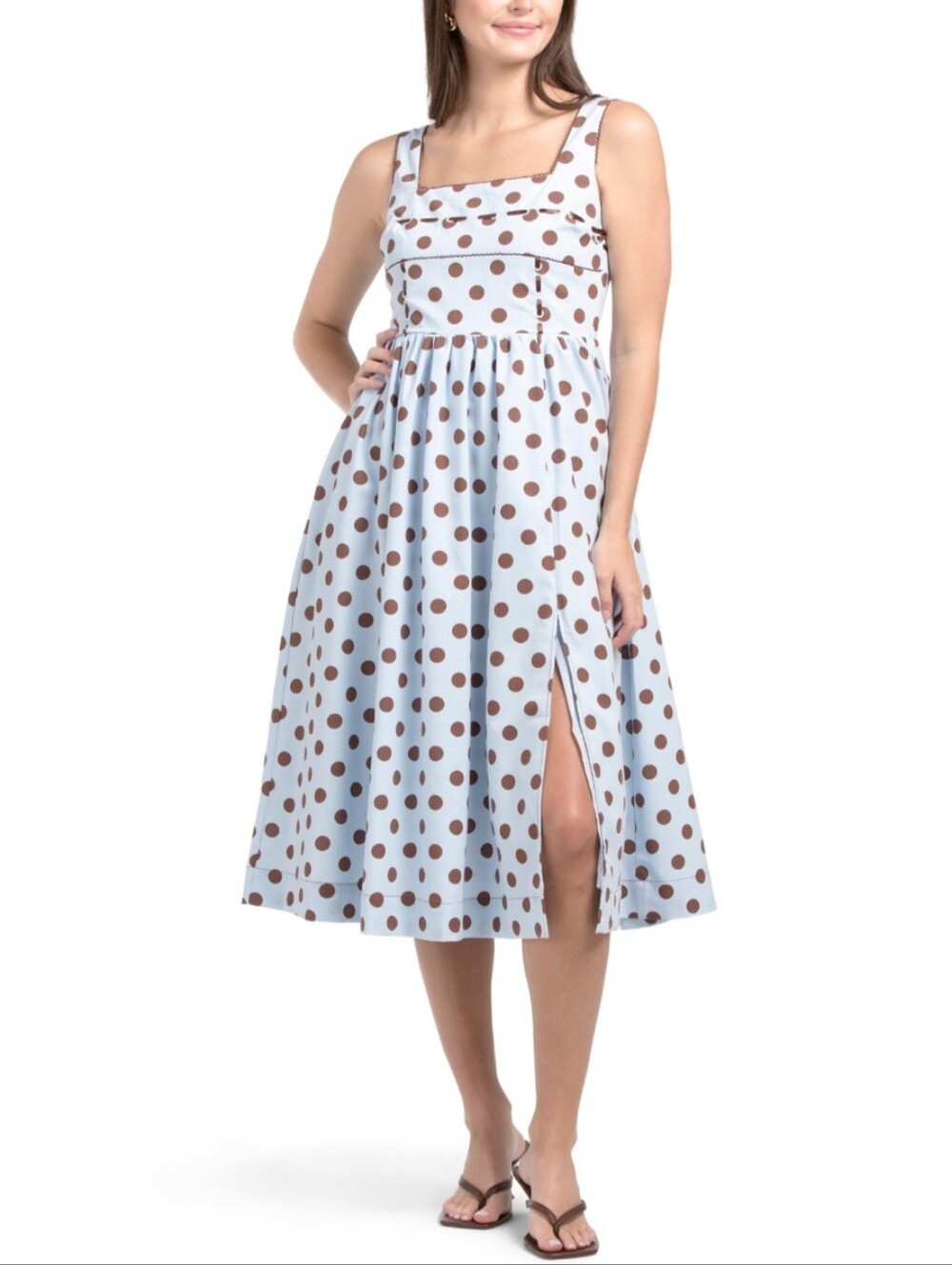 Jacquie Dress Size L Blue Polka Dot Midi Slit Square Neckline Cotton Summer Boho
